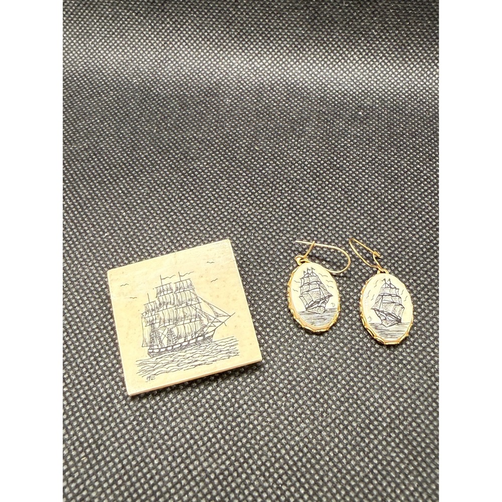 Vintage Scrimshaw Nautical Ship Jewelry Set Brooch and Oval Drop Earrings Gold